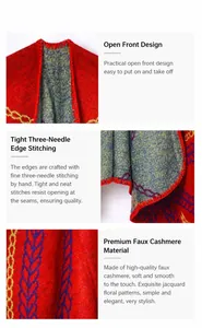 Macro detail of red faux cashmere shawl with jacquard pattern and triangle lock stitch edge
