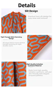 Detail of faux cashmere shawl showing orange blue jacquard weave and triangle stitching