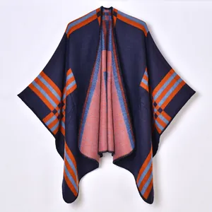 Châle en tricot pour femme avec motif à carreaux bleu marine et orange élégant
