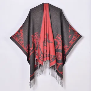 Ethnic floral double-sided shawl cape with tassel trim for travel and photos