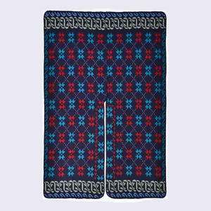 Ethnic knit shawl with geometric star patterns and leaf border in navy blue