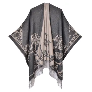 Floral knit poncho shawl with fringes for women in vintage grey and beige pattern