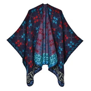 Ethnic knit shawl with bohemian star jacquard patterns in deep blue and red