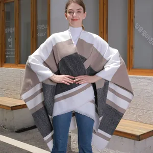 Women's color block tassel poncho shawl with beige and grey geometric patterns