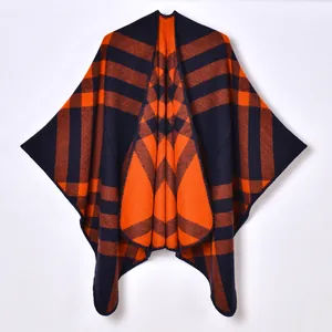 Women Plaid Poncho Shawl Geometric Grid Open Front Cardigan Wrap Winter Warm Thick Faux Cashmere Cape Scarf