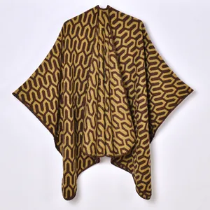Women Fashion Geometric Jacquard Shawl Faux Cashmere Poncho Warm Slit Cape Wrap For Winter Travel Outwear