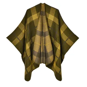 Plaid knitted poncho cape with olive green and yellow pattern for winter warmth
