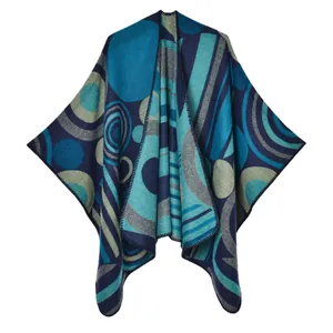 Women's warm knit shawl with navy and teal geometric art patterns for autumn winter