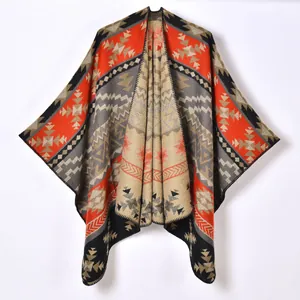 Chal Bohemio con Patrón Geométrico para Mujer Abertura Frontal Poncho Cálido de Mezcla de Acrílico y Poliéster Efecto Cachemira para Viajes Invierno Otoño