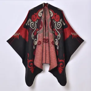 Poncho Scialle Donna in Simil Cachemire Ispessito Totem Etnico Jacquard Mantella Con Nappina Boho Caldo Capispalla Per Fotografia Di Viaggio
