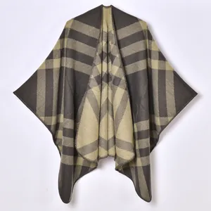 Classic oversized check shawl cape in charcoal and khaki tones for autumn and winter