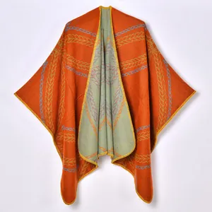 Women's reversible orange and blue jacquard knit shawl with vintage geometric patterns