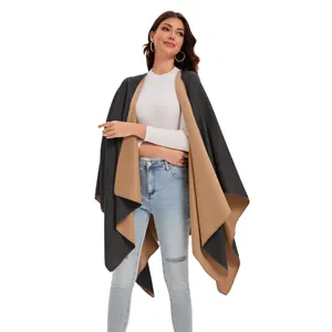 Women's reversible cashmere-feel poncho in dark grey and camel color-block style