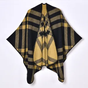 Classic black and yellow oversized plaid poncho shawl with premium fringe edges