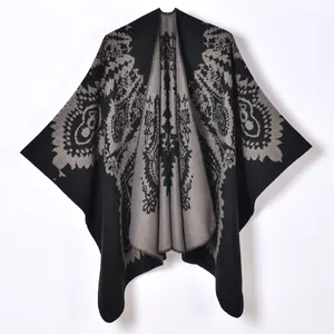 Vintage paisley pattern knitted shawl cape for women, thick thermal winter poncho wrap