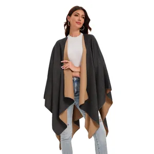 Women Reversible Cloak Shawl 50% Acrylic 50% Polyester Warm Front Slit Oversized Open Front Poncho Wrap Everyday Fashion Gift