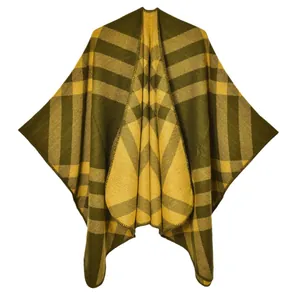 Classic olive green and yellow oversized plaid shawl wrap for women in a warm knit cape design