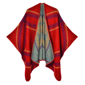 Vintage red jacquard poncho cape with blue wheat pattern and golden chain line designs