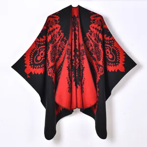 Vintage red and black totem jacquard knit poncho cape with thick warm winter fabric