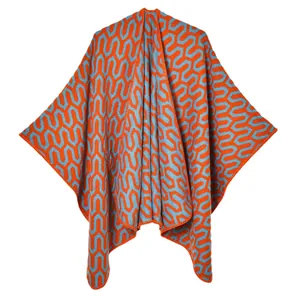 Chic women knit poncho with orange and blue geometric jacquard wavy pattern