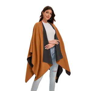Women's warm dual-sided knit shawl in caramel and dark grey with front split