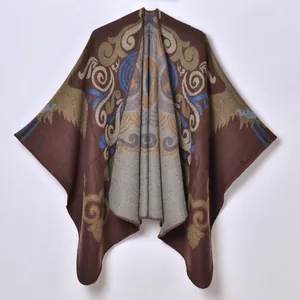 Scialle jacquard etnico spesso in marrone e blu con motivo vintage tradizionale