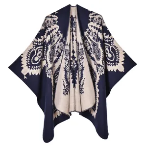 Women's warm knit shawl wrap with vintage paisley floral jacquard and open front