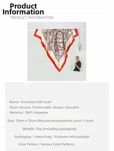 Detailed specs for 70x70cm ethnic print faux silk scarf with orange hem and vintage pattern