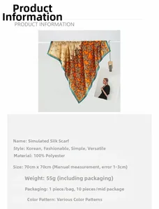 Detail view showing a 70x70cm floral polyester silk scarf with orange and beige patterns