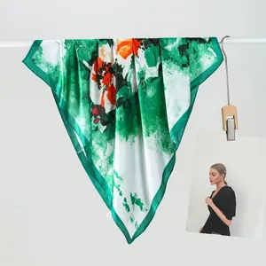 Women Oil Painting Style Satin Square Scarf Elegant Green Leaf Red Flower Pattern Fashion Neck Hair Scarf Bag Accessory