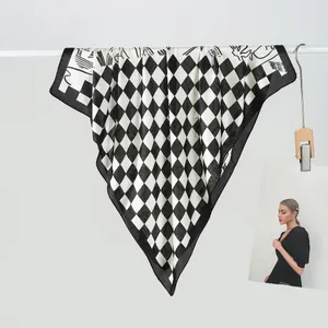 Women Fashion Satin Polyester Square Scarf Black White Checkered Artistic Lines Neck Head Hair Wrap Accessory Daily Decor