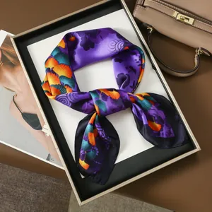 70cm vintage silk scarf with orange ginkgo leaf print on purple fabric for women