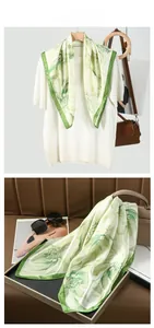 Detail showing white floral silk scarf with green botanical print and rolled edges