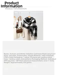 Detail view of plaid scarf with material specs and size 180x64cm in classic gray