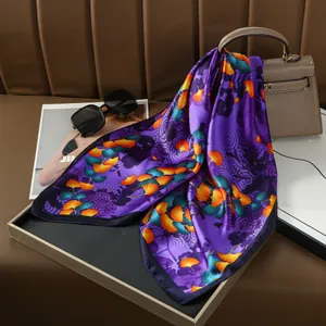70cm vintage ginkgo leaf print silk scarf in purple with elegant floral patterns