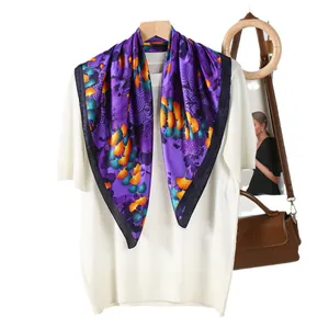 Purple silk scarf with vintage ginkgo leaf print and black border on white background