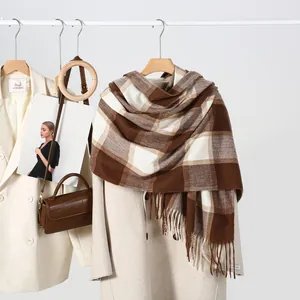 Classic oversized brown and beige plaid cashmere-like scarf with long fringe details