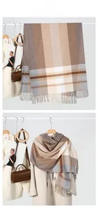 Detailed view of the striped plaid scarf with fine fringe trim and handmade label