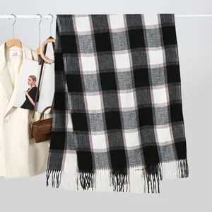 Classic black and white checkered cashmere-like scarf with tassels for winter warmth