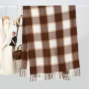 Classic plaid cashmere-feel scarf in brown and beige with fringe, winter warm style