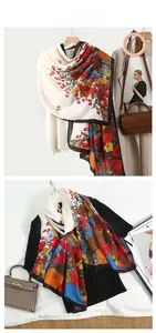 Detail of floral print scarf with vibrant petals and high-quality edge stitching