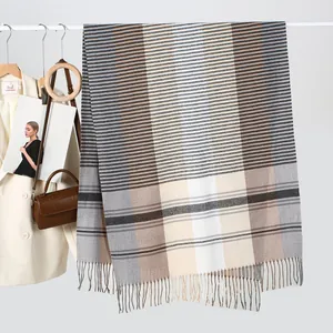 Winter striped oversized cashmere-like scarf with fringe detail for men and women