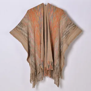 Poncho en Tricot Color Block Bohème pour Femme Avec Glands Châle en Imitation Cachemire Ouvert Devant Vêtement Extérieur Chaud d'Hiver
