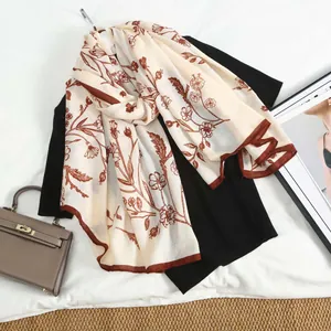 Elegant beige floral cotton linen scarf for women featuring vintage brown flower prints