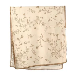 Elegant floral print cotton linen long scarf in cream and brown with satin finish