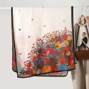 Floral print scarf in beige with colorful blossom patterns and black border design