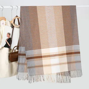 Classic striped tassel scarf in brown and grey cashmere-like fabric for autumn winter
