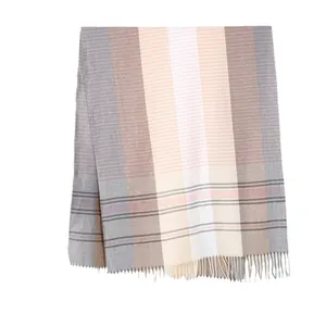 Soft checkered striped winter scarf with fringe in pastel pink beige and grey