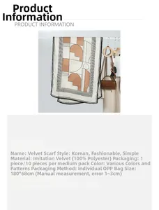 Detail of Korean style velvet scarf with geometric patterns and 180x68cm size specs