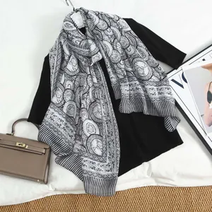 Vintage patterned silk-feel scarf for women with elegant black and white geometric print